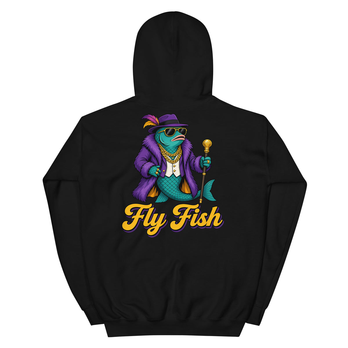 Fly Fish hoodie - black heavy-blend fleece pullover hoodie, back view