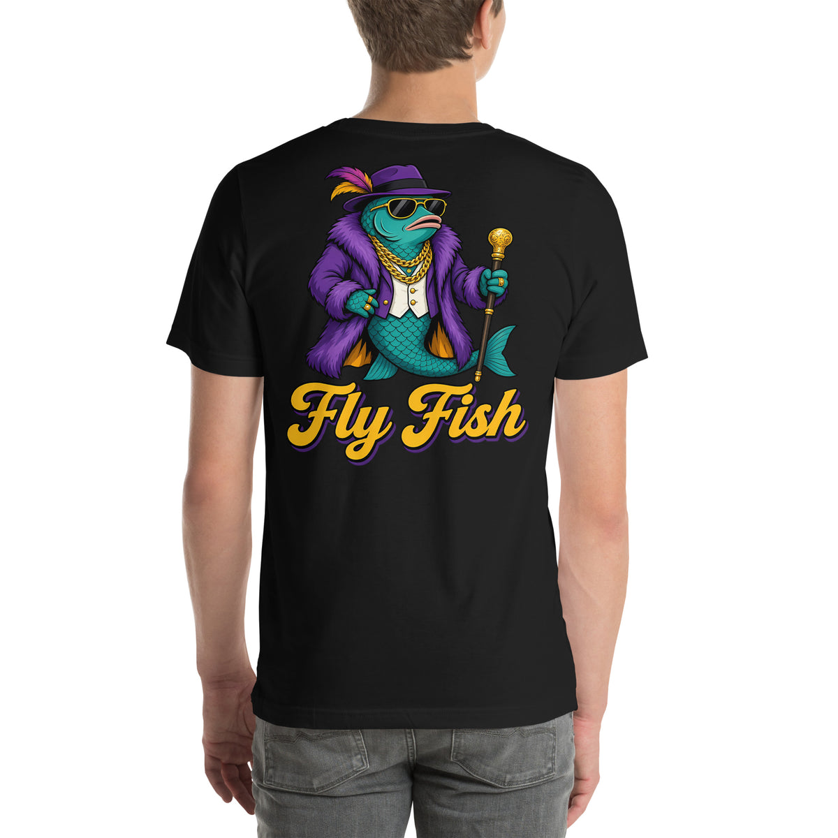 Fly Fish Classic Tee - black Bella+Canvas t-shirt, back view with gold FF monogram chest print and Fly Fish mascot back print