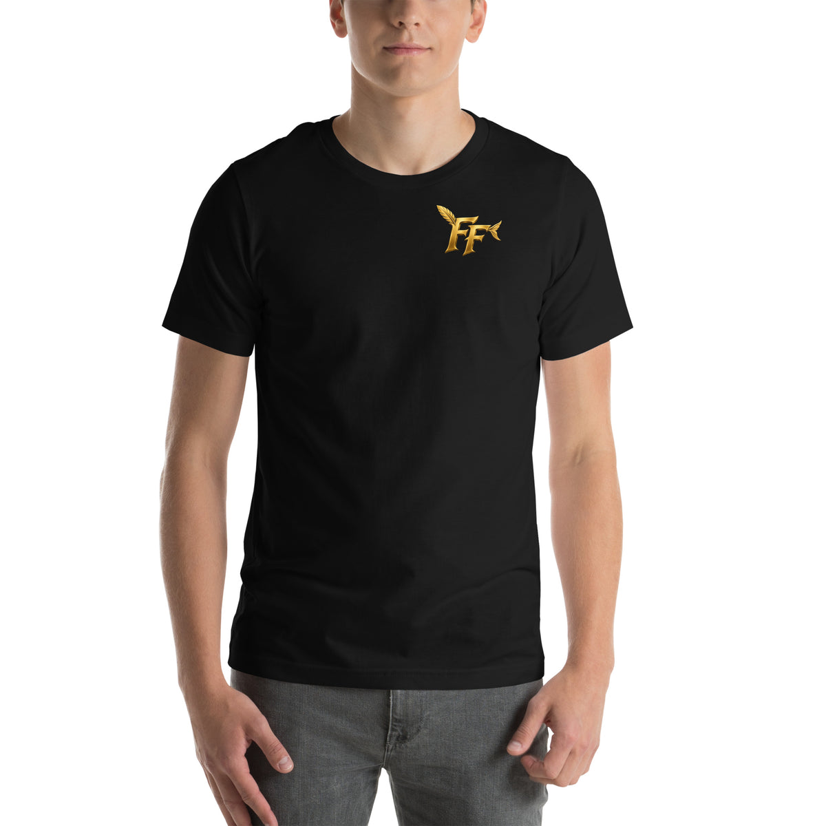 Fly Fish Classic Tee - black Bella+Canvas t-shirt, front view with gold FF monogram chest print and Fly Fish mascot back print