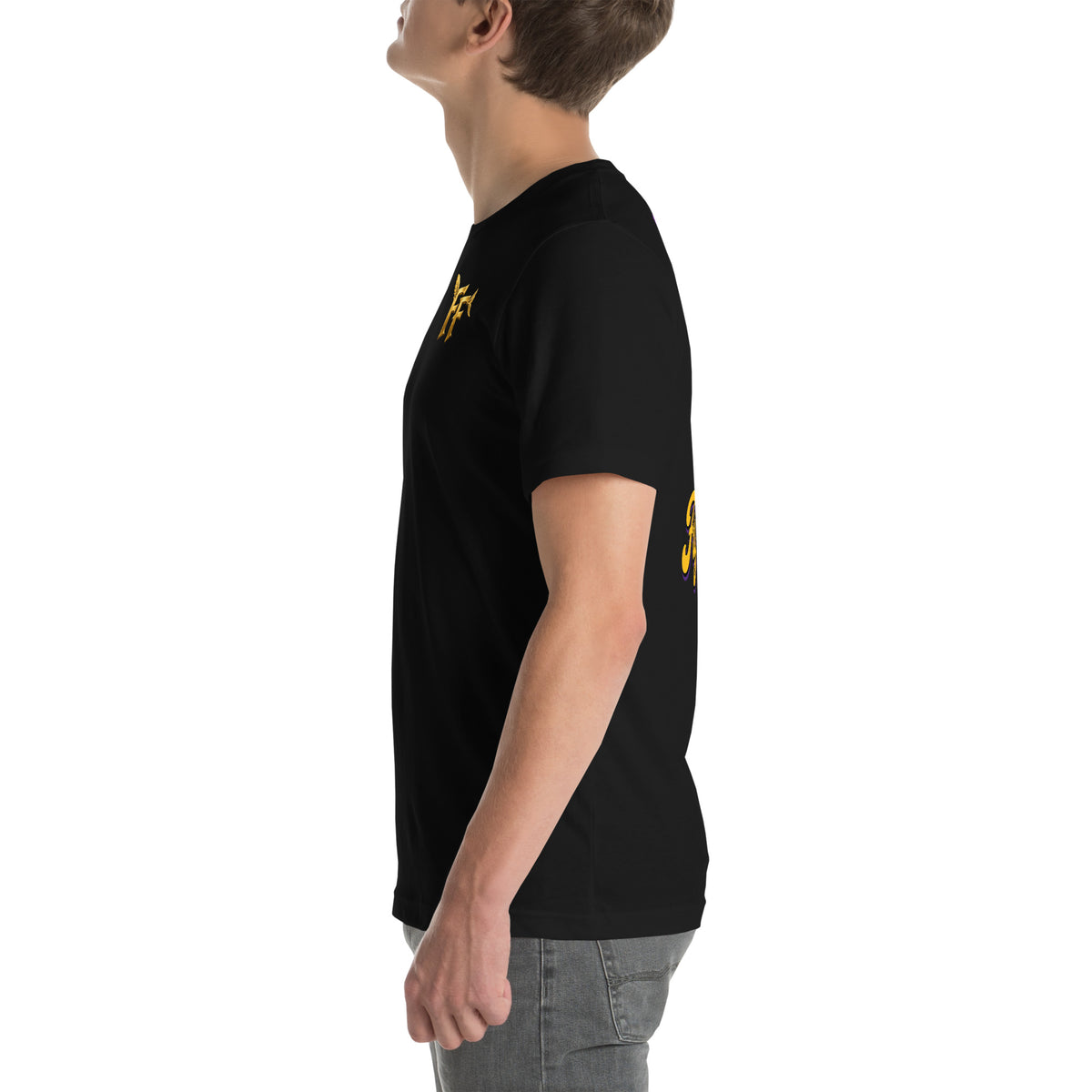 Fly Fish Classic Tee - black Bella+Canvas t-shirt, detail view with gold FF monogram chest print and Fly Fish mascot back print