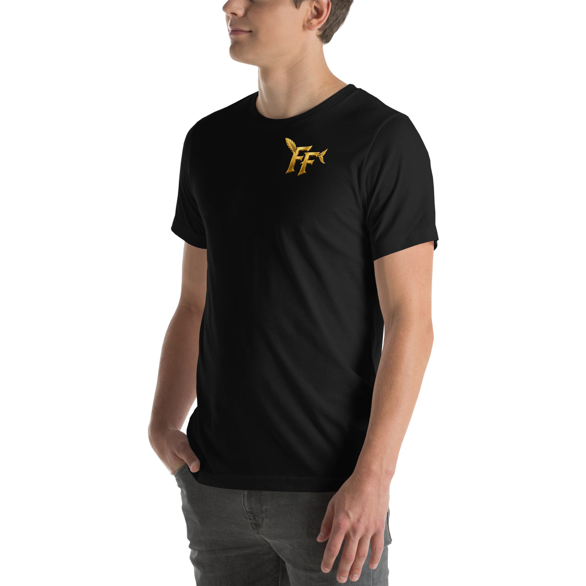 Fly Fish Classic Tee - black Bella+Canvas t-shirt, front view with gold FF monogram chest print and Fly Fish mascot back print