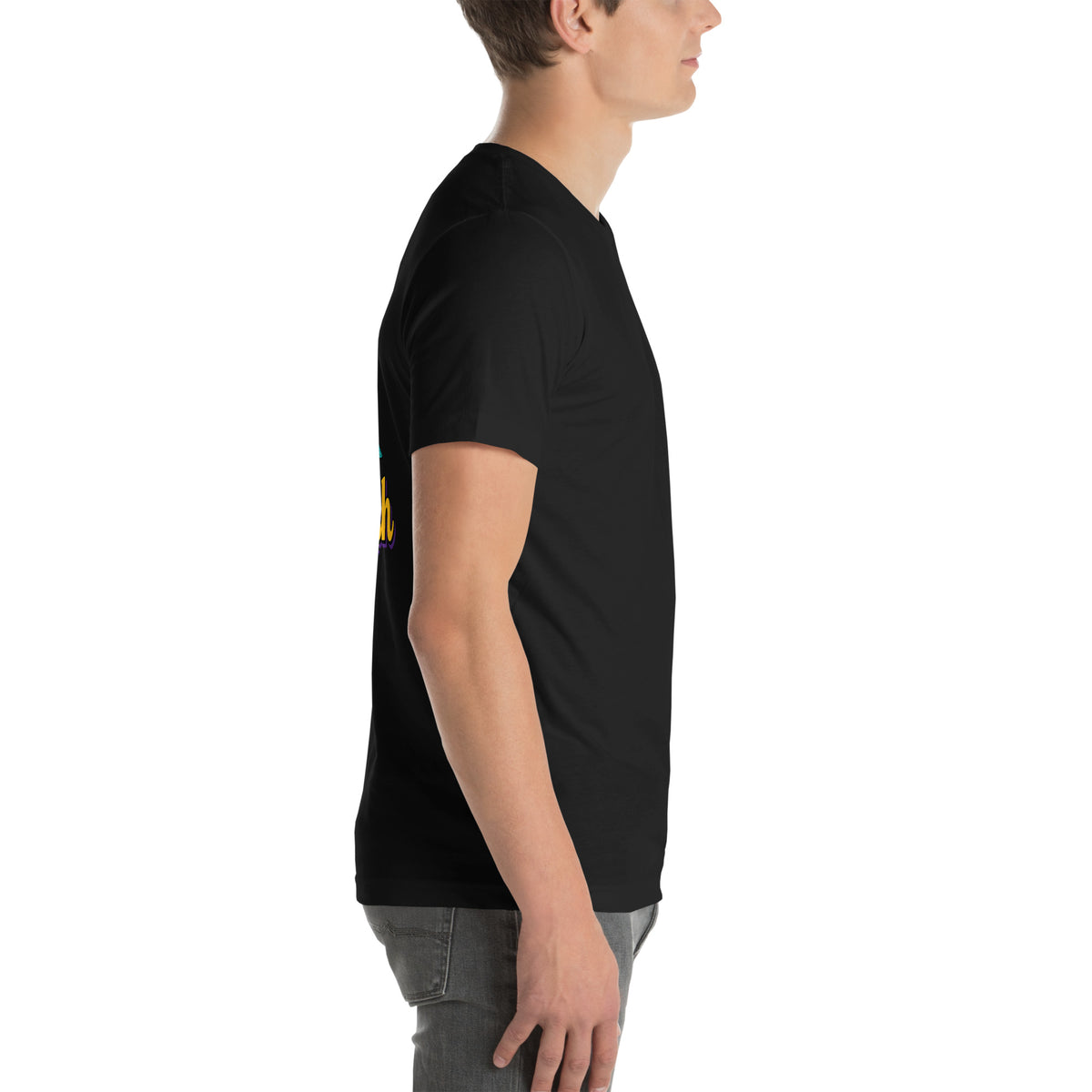 Fly Fish Classic Tee - black Bella+Canvas t-shirt, detail view with gold FF monogram chest print and Fly Fish mascot back print
