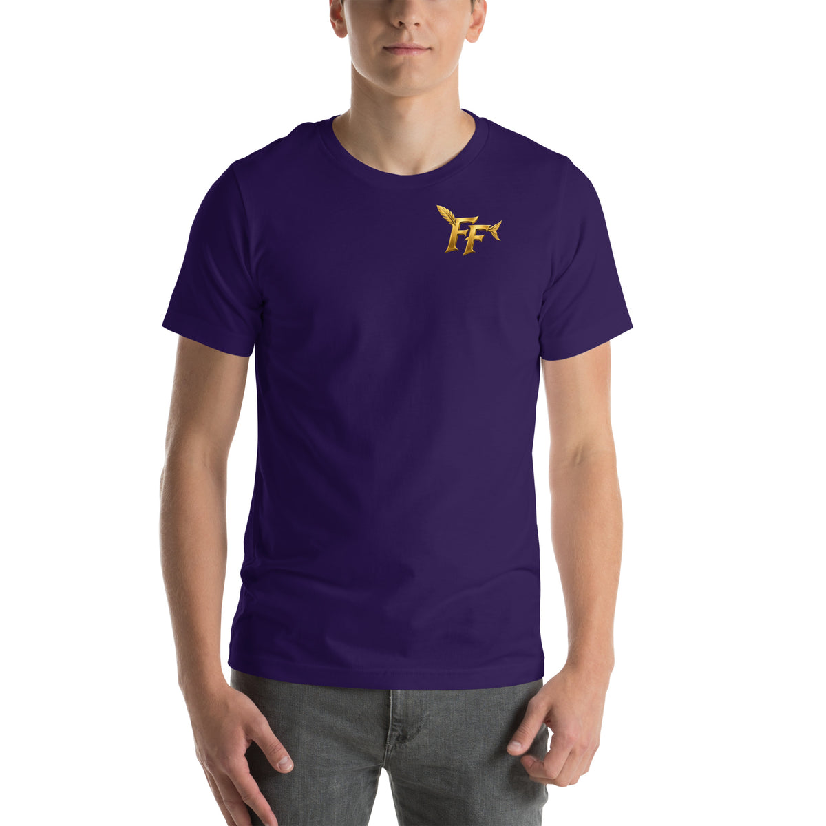 Fly Fish Classic Tee - team purple Bella+Canvas t-shirt, front view with gold FF monogram chest print and Fly Fish mascot back print