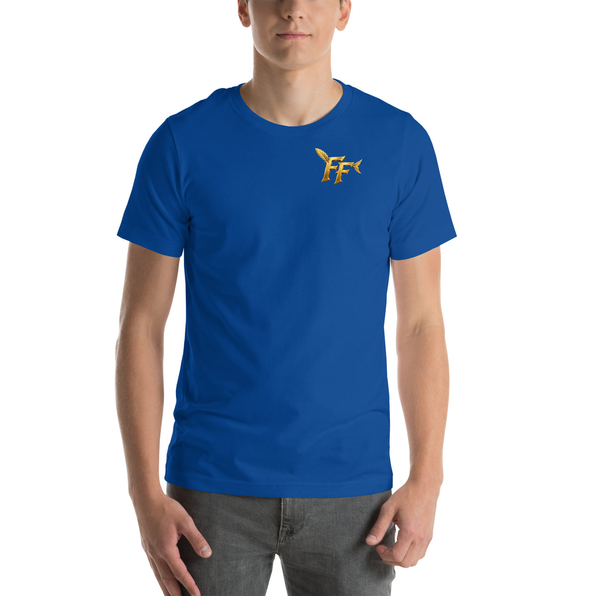 Fly Fish Classic Tee - true royal Bella+Canvas t-shirt, front view with gold FF monogram chest print and Fly Fish mascot back print
